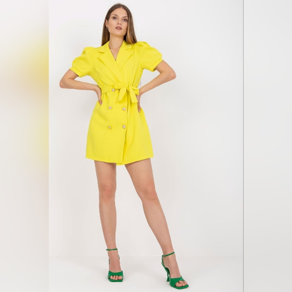 Yellow Double-Breasted Belted Suit Jacket Dress - Made in Poland